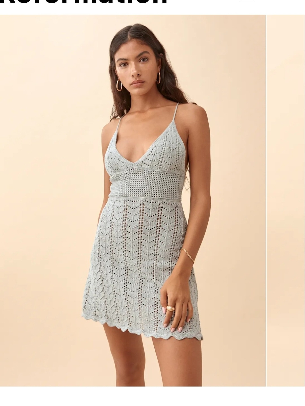 Reformation Mint Green Crochet V-Neck Mini Dress